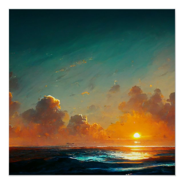Póster Dramático paisaje de olas oceánicas de atardecer (Anverso)