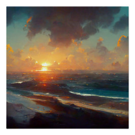 Póster Dramático Sunset Beach Waves Paisaje