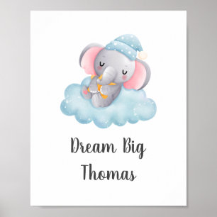 Póster Dream Big Blue Elephant Baby Boy Nursery Wall Art
