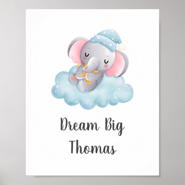Póster Dream Big Blue Elephant Baby Boy Nursery Wall Art (Frente)