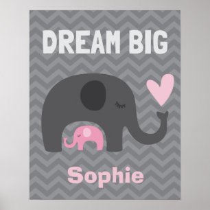Póster Dream Big Little One - Elefantes Gris y Rosa