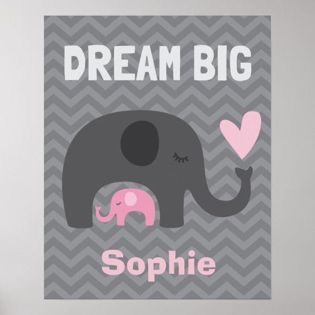 Póster Dream Big Little One - Elefantes Gris y Rosa (Frente)