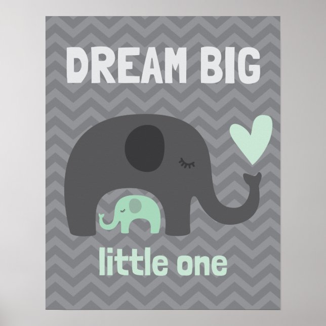 Póster Dream Big Little One - Elefantes grises y verdes (Frente)