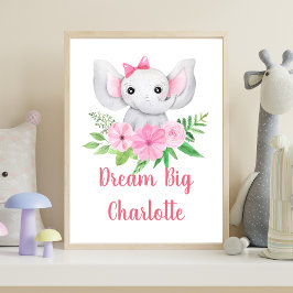 Póster Dream Big Pink Elephant Baby Girl Nursery Wall Art