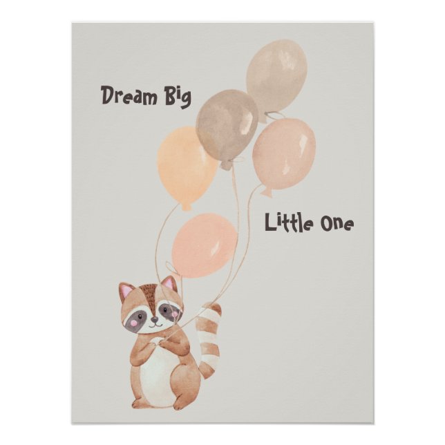 Póster "Dream Big" Raccoon personalizado con globos (Anverso)