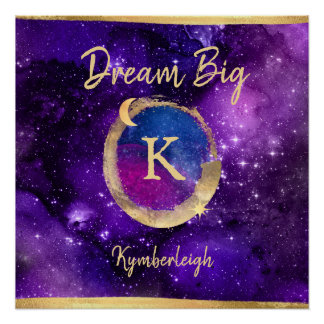 Póster Dream Big Watercolor Galaxy Gold Monograma Nombre
