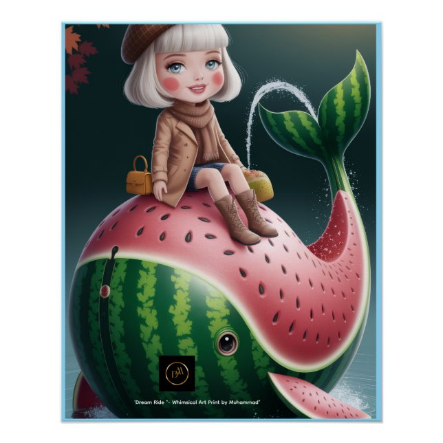 Póster Dream Ride – Cute Girl on Watermelon Whale Fantasy (Anverso)