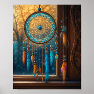 Póster Dreamcatcher en una ventana de hojas caídas