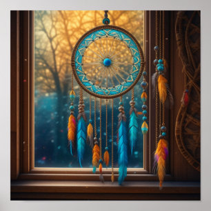 Póster Dreamcatcher en una ventana de hojas caídas