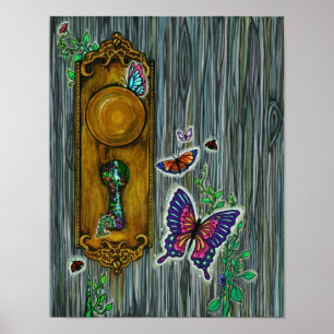 Póster "Dreamer's Door" Fantasy Butterfly Keyhole Art