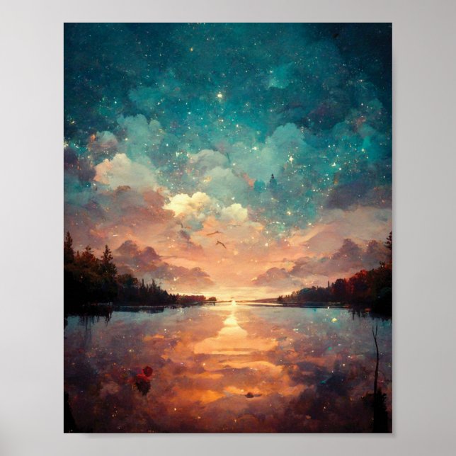 Póster Dreamlike Lake And Sunset | Landscape Painting  (Frente)