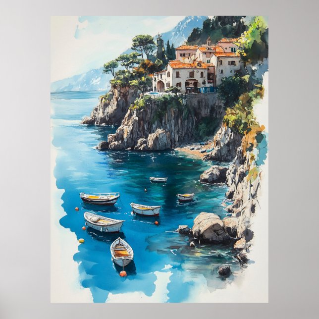Póster Dreamy Amalfi Coast: Diseño de la pintura acuarela (Frente)