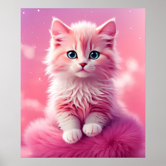 Póster Dreamy Cute Fluffy Gato Kitty Rosa (Frente)