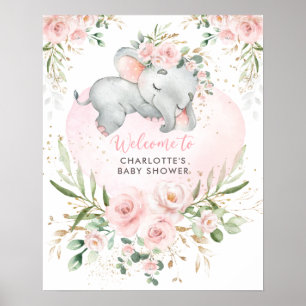 Póster Dreamy Elephant Pink Blush Floral Baby Welcome