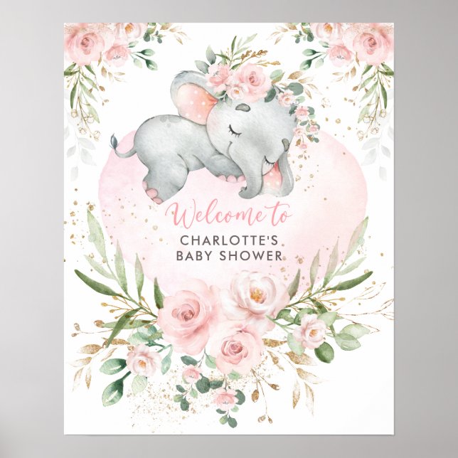 Póster Dreamy Elephant Pink Blush Floral Baby Welcome (Frente)
