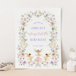 Póster Dreamy Floral Fairy First First Birthday Welcome<br><div class="desc">Elegante cartel de bienvenida con fantásticas hadas y espléndidos flores silvestres coloridas en delgados tonos pasteles</div>