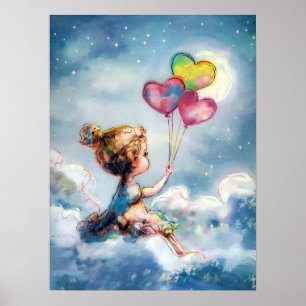 Póster Dreamy Night Sky - Chica caprichoso con globos