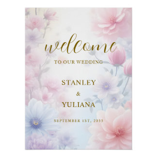 Póster Dreamy Pink Blue Watercolor Fantasy Floral Fine
