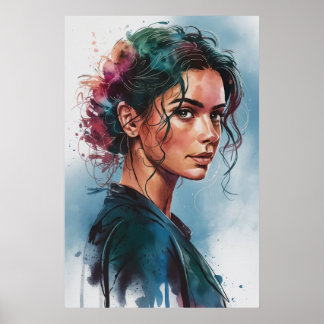 Póster Dreamy Watercolor Woman Portrait with Colorful Hai