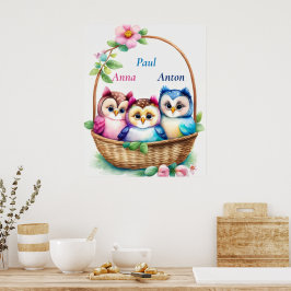 Póster Drei Eulen im Korb - Kindermotiv