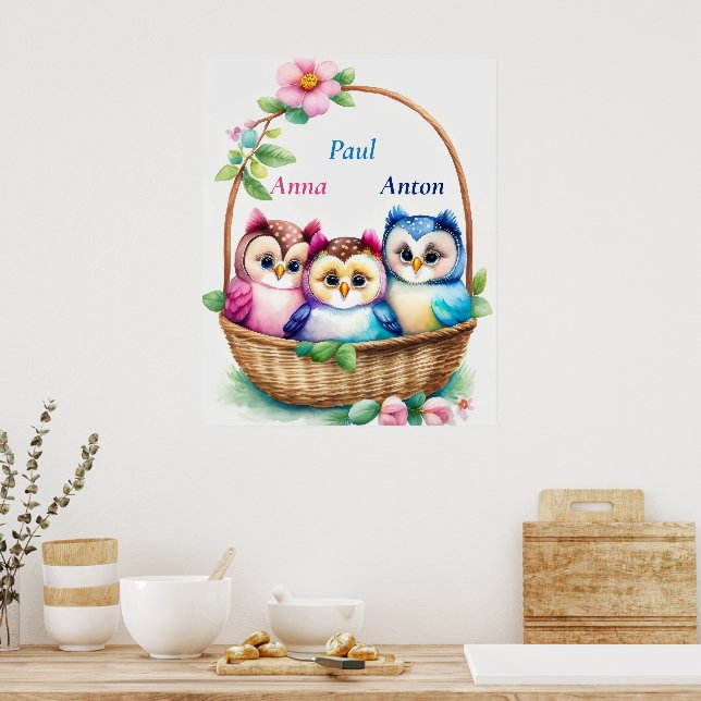 Póster Drei Eulen im Korb - Kindermotiv (Cocina)
