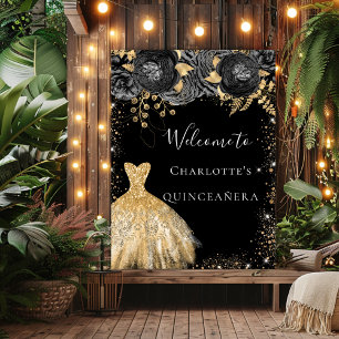 Póster Dress de quinceañera negro oro floral bienvenida