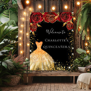 Póster Dress de quinceañera negro oro rojo floral bienven