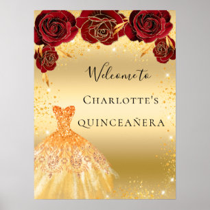 Póster Dress de quinceañera rojo dorado con brillo floral
