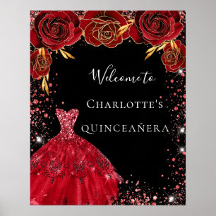 Póster Dress de quinceañera rojo negro flores bienvenida