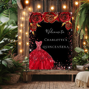 Póster Dress rojo de Quinceañera con flores de bienvenida