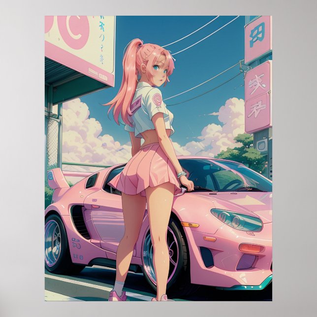 Póster Drifter Chica de anime rosado pastel estético (Frente)