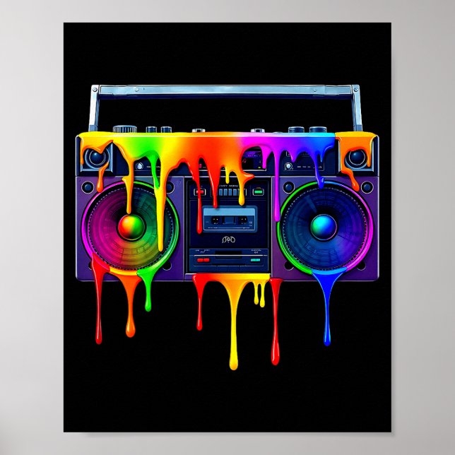 Póster Dripng Paint Boombox Funny Old School 80s Music Hi (Frente)