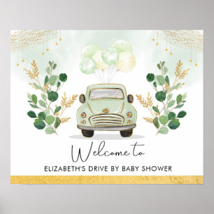 Póster Drive By Baby Shower Parade Greenery Gold Welcome