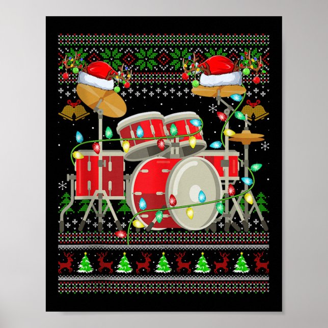 Póster Drum Ugly Christmas Sweater Musical Drum Player Dr (Frente)