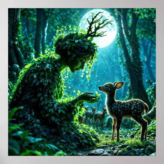 Póster Dryad queen of the enchanted forest at night art (Frente)