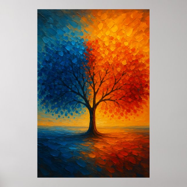 Póster Dual Seasons Tree — Vibrant Blue & Orange Art (Frente)