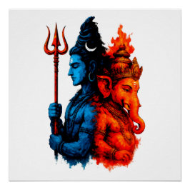 Póster Dualidad Divina: Camiseta Azul Shiva & Ganesha
