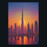 Póster Dubai Burj Khalifa Pointillism Skyline Sunset<br><div class="desc">Colorful pointillist painting of Dubai featuring the Burj Khalifa rising above the skyline at sunset. Thousands of vibrant dots create a glowing neo-impressionist cityscape filled with dramatic sky colors and shimmering reflections.</div>