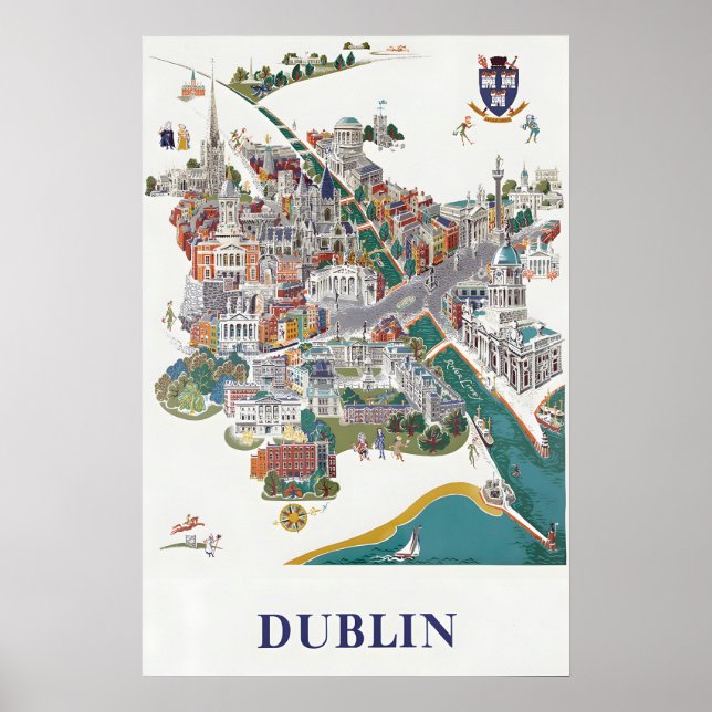 Póster Dublin Ireland Poster Vintage Travel City Ma (Frente)