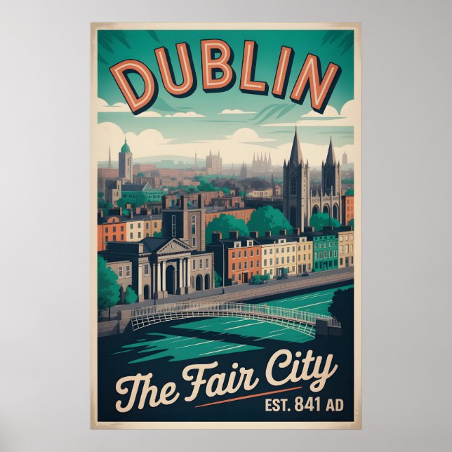 Póster Dublín Irlanda Ciudad Estilo Retro Viaje (Frente)