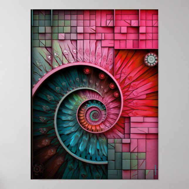 Póster Dubman Designs: Diseño Fibonacci de neón rosa bril (Frente)