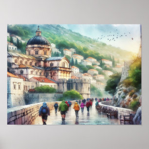 Póster Dubrovnik Croacia camina sobre la acuarela de la p