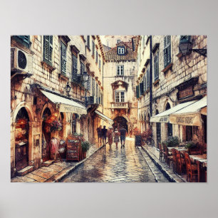 Póster Dubrovnik Crocroata Tower acuarela