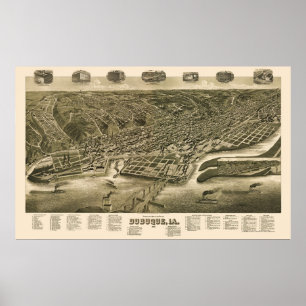 Póster Dubuque, Mapa Panorámico De Iowa - 1889