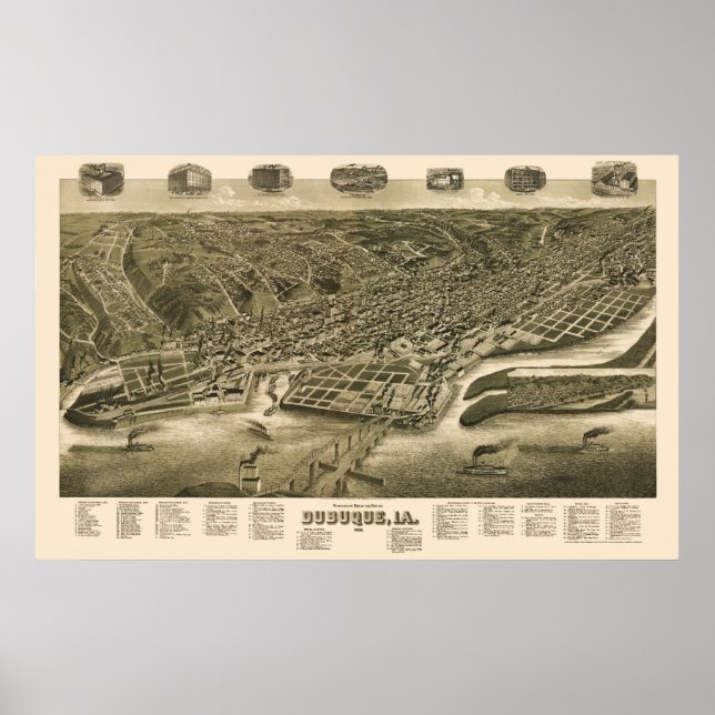 Póster Dubuque, Mapa Panorámico De Iowa - 1889 (Frente)