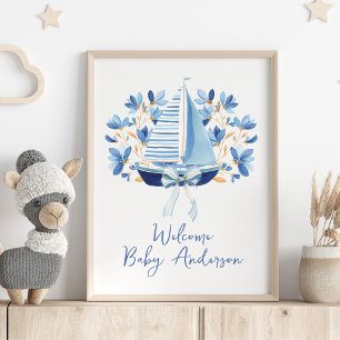 Póster Ducha de Bebé Barcos Azules y Lazos