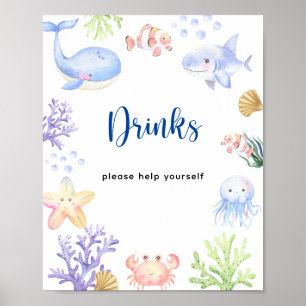 Póster Ducha de bebé de animales marinos en acuarela - Be