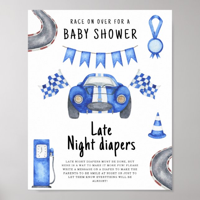 Póster Ducha de bebé de autos de carrera pañales de noche (Frente)