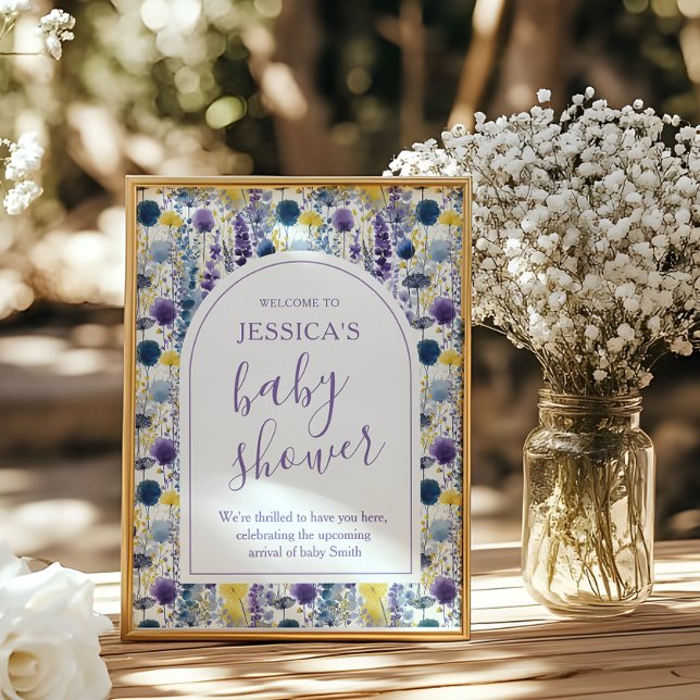 Póster Ducha de bebé de flores silvestres acuarela púrpur (Celebrate your mama-to-be moment in full bloom with this elegant wildflower baby shower sign. )