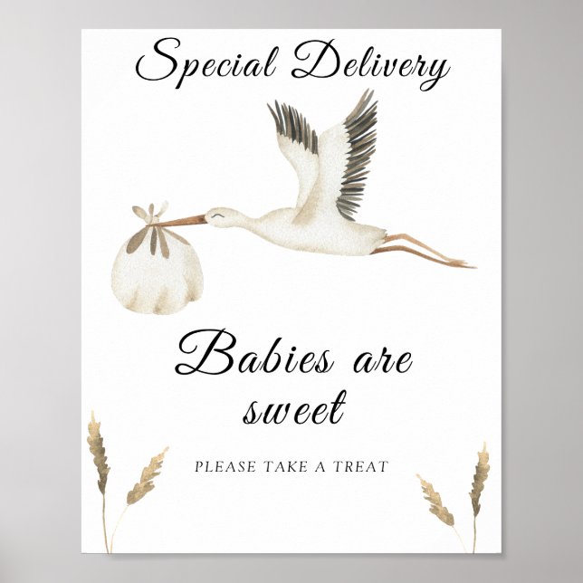 Póster ducha de bebé de la cigüeña - los bebés son dulces (Frente)